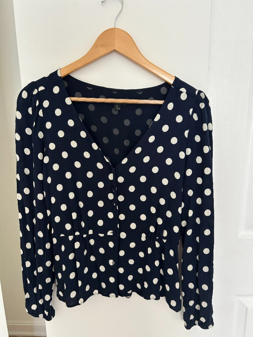 J. Crew Navy Blue/White Polka Dot Long Sleeve Peplum Blouse (Size 6)